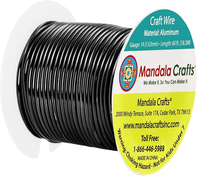 Mandala Crafts 14 Gauge Anodized Aluminum Craft Wire for Jewelry Making - 60 FT Colored Flexible Black Wire - Bendable for Bonsai Armature Crafting Sculpting