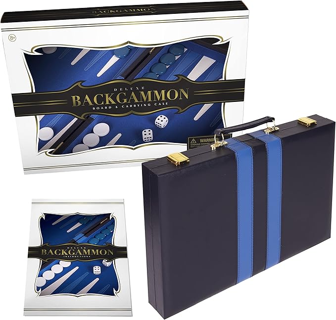 Classic 18-Inch Backgammon Set – Premium Folding Board Game with Leatherette Case, Felt Surface & Complete Accessories – Blue – for Adults & Kids