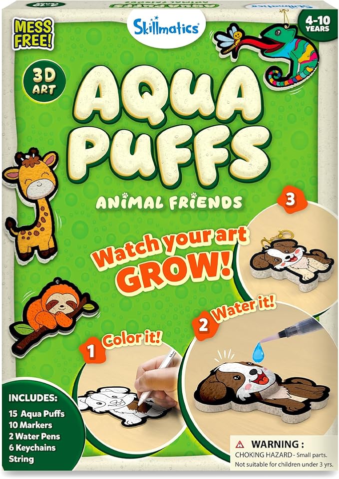 Skillmatics 3D Art Kit - Aqua Puffs Animals, Mess-Free Paint by Number Craft for Kids, DIY Color & Inflate Activity, Travel & Creative Gift for Girls & Boys Ages 4, 5, 6, 7, 8, 9, 10