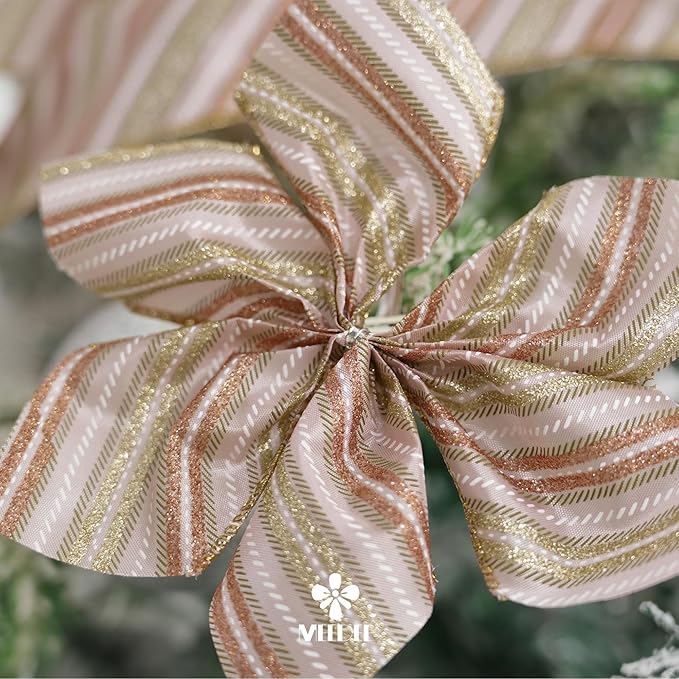 MEEDEE Pink Diagonal Striped Ribbon 2.5 Inch Blue Satin with Rose Gold and Champagne Glitter Wired Ribbon for Christmas Tree, Garlands, Wreaths, Topper Bow (10 Yards)