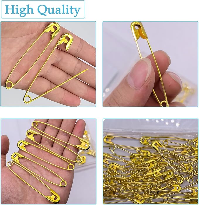 60PCS Safety Pins, 3 inch Large Safety Pins, Rust-Resistant Nickel Plated Steel, Sharp Edge Safety Pin for Clothes, Sewing, Arts & Craft, 75mm Decorative SafetyPins (Gold)