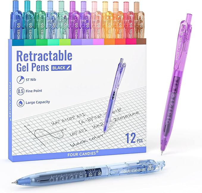 Four Candies 12Pack 0.5mm Black Ink Quick Dry Retractable Gel Pen Set, Cute Transparent Pastel Fine Point Note Taking Aesthetic lnk Pens, Comfort Grip Drawing Writing School Office Home (Black)