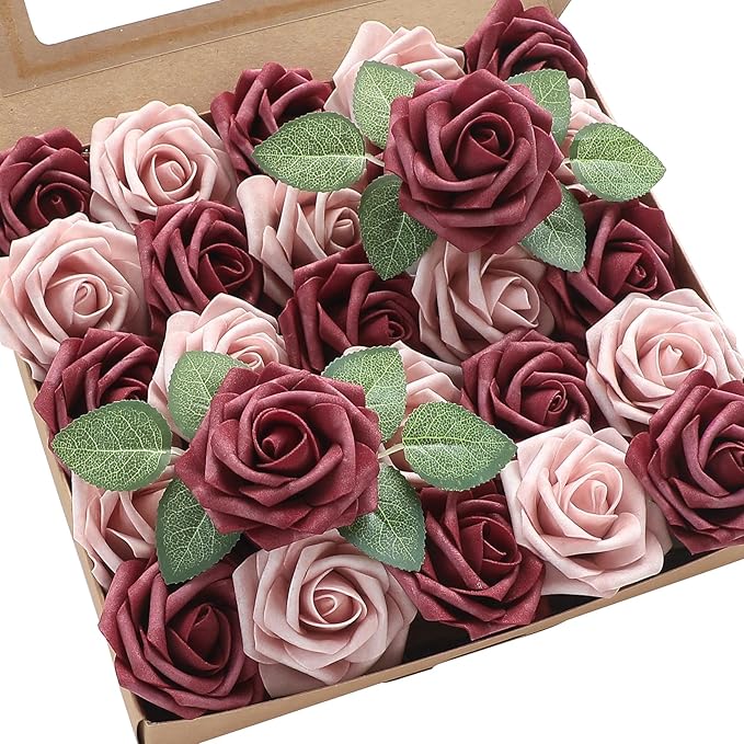 Floroom Artificial Flowers 25pcs Real Looking Cinnamon Rose & Shabby Pink Foam Fake Roses with Stems for DIY Wedding Bouquets Bridal Shower Centerpieces Floral Arrangements Party Tables Decorations