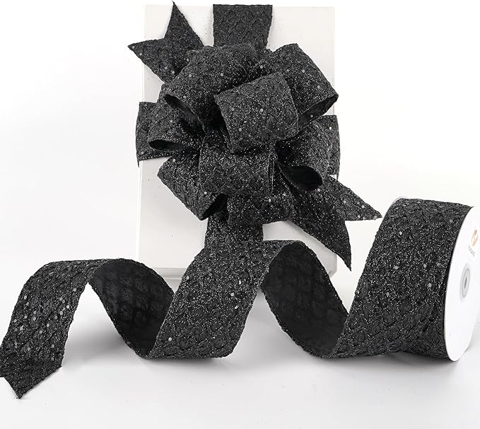 HUIHUANG Glitter Black Wired Ribbon for Christmas Tree 2.5 inch Black Diamond Mesh Wire Ribbon for Tree Decoration, Wreaths, Garland, Gift Wrapping, Bows Making, Halloween Decor -10 Yards