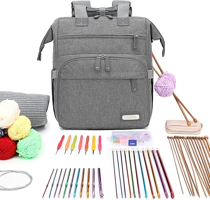 Knitting Bag Backpack Yarn Storage Organizer Travel Bag with USB Charging Port, Large Tote Bag Holder Case for Knitting Needles, Crochet Hooks, Accessories, Grey
