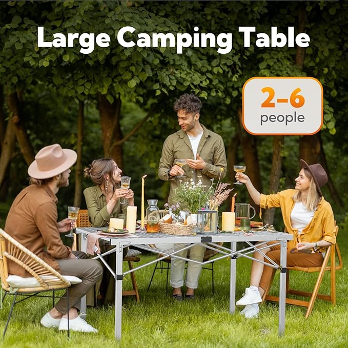 Large 46.4" Camping Table for 2-6 People - 220lbs Capacity Heavy Duty Foldable Outdoor Table with Aluminum Roll-Up Top & Carry Bag, Portable Picnic Desk for BBQ, Tailgating, Backyard (Silver)