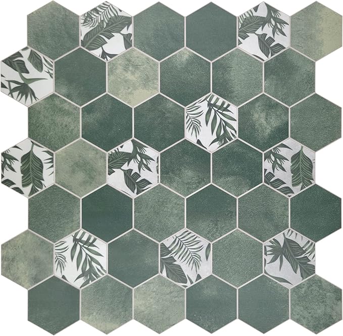 The Tiles Plaza 10-Sheet Peel and Stick Backsplash, Green Cement Hexagon Stone Composite Marble Looks Self Adhesive Wall Tile, Stick On Tiles for Kitchen Bathroom Shower, Cover 9 Sq Ft.