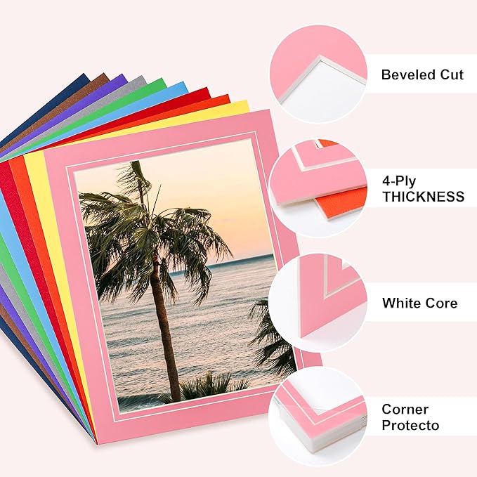 HOTUO 10 Pack Colorful 11x14 Picture Mats, Pre-Cut 11x14 Picture Frame Mat with Ivory Core Bevel Cut for 9x12 Photo, Signature Friendly 4 Ply Thickness Photo Mat for Frames (Colorful with V-Groove)