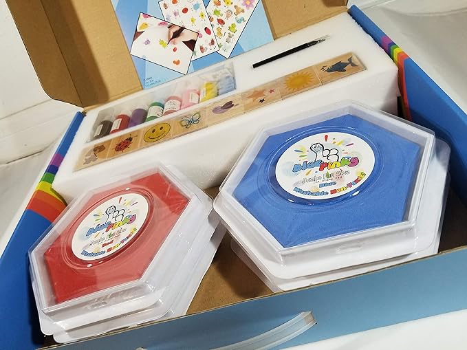 Washable Stamp Pads for Kids Arts and Crafts Jumbo Non-Toxic Ink with Wooden Stamps, Drawing Pad, Marker and Ink Refills