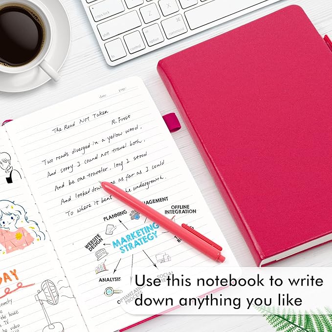 feela 5 Pack Notebooks Journals Bulk, Hardcover Notebook Classic Ruled Lined Journals with Pen Holder for Women Girls School Business Supplies, with 5 Black Pens, 120 GSM, 5.1”x8.3”, A5, Berry