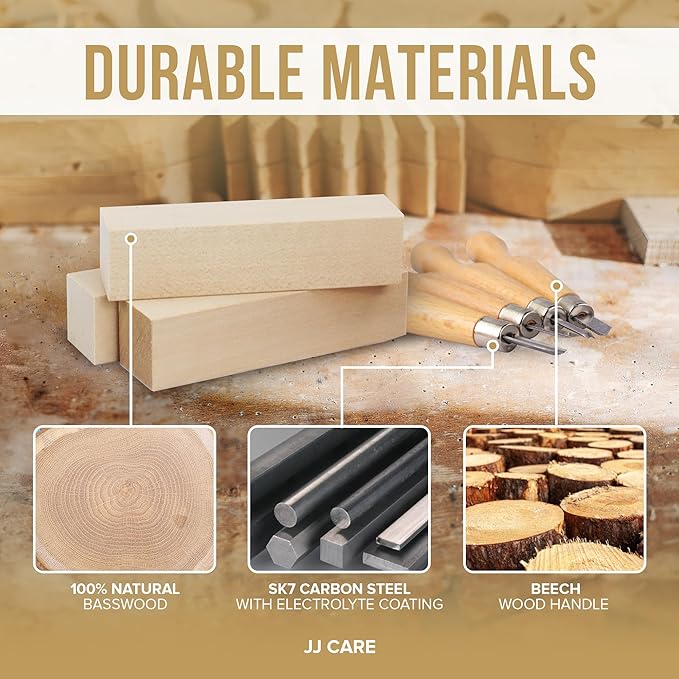 JJ CARE Wood Carving Kit [8 SK7 Carving Knives with Beechwood Handle, 10 Basswood Carving Blocks, and 1 Grinding Stone] - Beginner Wood Carving Kit, Wood Carving Tools Set, Wood Carving Set for Kids