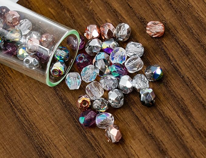 1.8 oz (50 g, cca 600pcs) Mix of Faceted Fire Polished Pressed Czech Glass Beads, Sparkling Shiny Mix