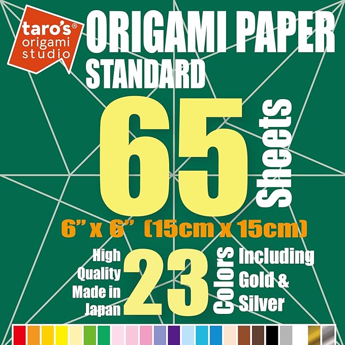 [Taro's Origami Studio] Standard 6 Inch One Sided 23 Colors 65 Sheets Square Easy Fold Premium Japanese Paper for Beginner (Gold and Silver Included)