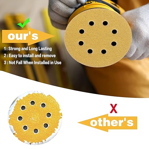 100PCS 5 Inch 8 Hole Sanding Discs 150 Grit,Gold Round Hook and Loop Sandpaper for Random Orbital Sander