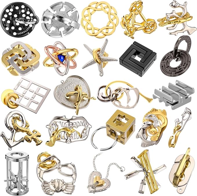 Yilloog 24 Pcs Metal Brain Teaser Puzzles Assortment for Adults Difficult Magic Puzzles Highly Hard Brain Games Iq Logic Test Disentanglement Game for Classroom Mind Challenge (Funny)