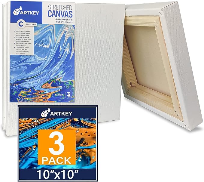 Gallery Wrapped Stretched Canvases for Painting 10x10 Inch 3-Pack, 16 oz Triple Primed Acid-Free 100% Cotton Blank Canvas, Square Spline Canvas for Oil Paint Acrylics Pouring & Wet Art Media