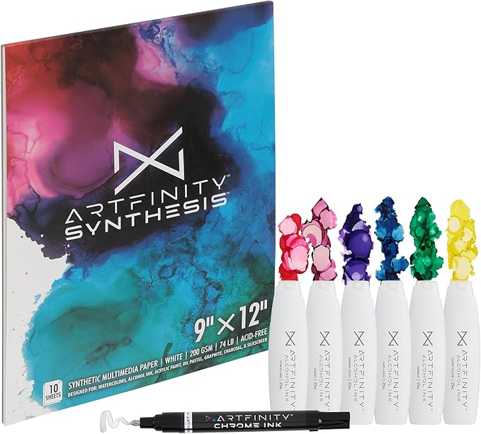 Alcohol Ink - Jewel Set, 7 Pieces | 10 Sheets 9x12 Multimedia Paper | Fast-Drying, Permanent, Transparent Alcohol Inks for Gloss Paper, Glass, Metal | 25 ml Bottles
