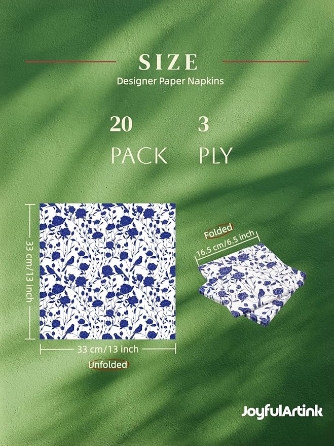 20 Pack Designer Paper Napkins, 3-Ply 6.5x6.5-inches Disposable Decorative Blue and White Porcelain Lunch Cocktail Napkin for Wedding Event/Birthday/Anniversary Party/Baby Shower