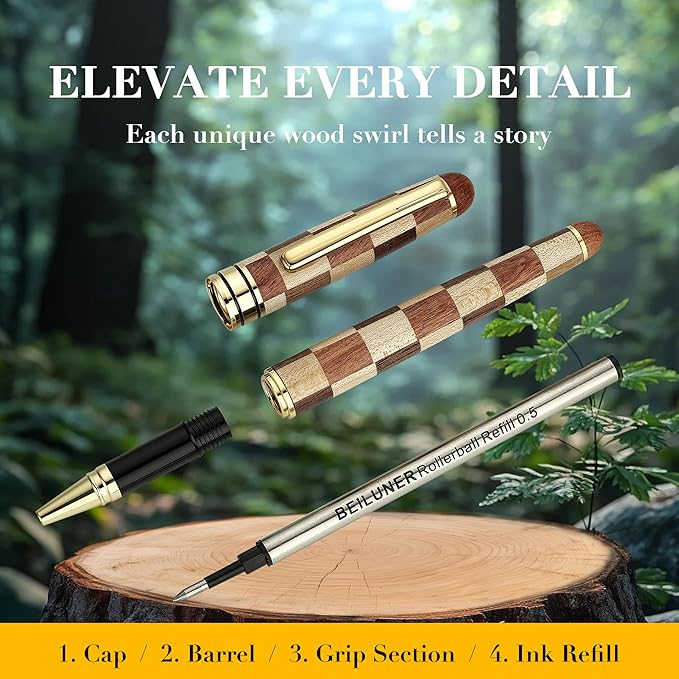 BEILUNER Luxury Wood Ballpoint Pen Writing Set, Chess Style - Elegant Fancy Nice Gift Pen Set for Signature Executive Business Office Supplies - Gift Boxed with Extra Refills (Black)