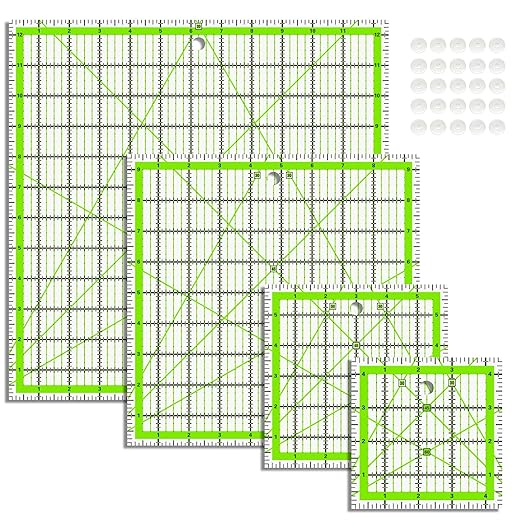 Quilting Rulers, Acrylic Quilt Ruler,4 Square Fabric Cutting Ruler (4.5"X4.5", 6"X6", 9.5"X9.5", 12.5"X12.5"), Quilting Templates with Non Slip Rings.