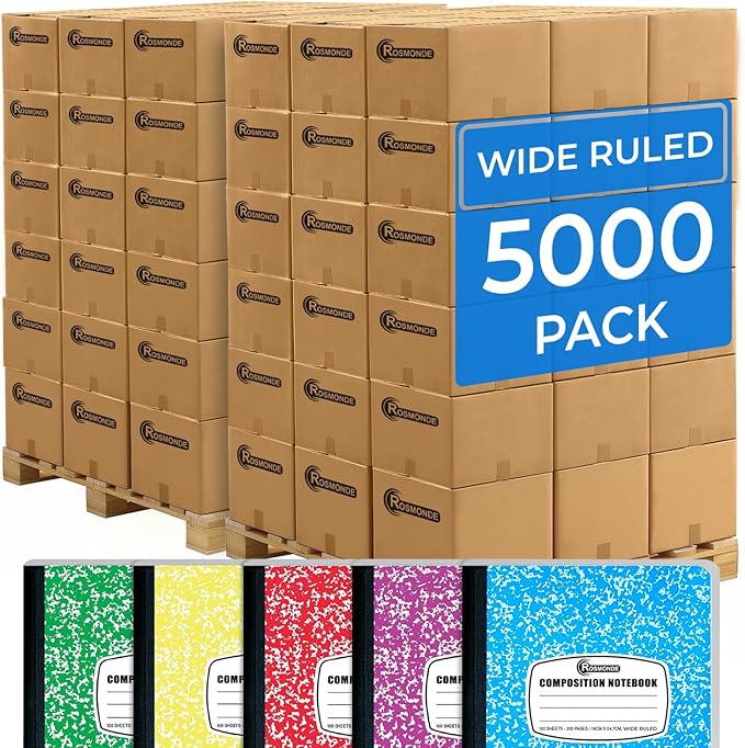 Rosmonde 5000 Pack (Pallet) Composition Notebooks Bulk, Wide Ruled, 200 Pages (100 Sheets), 9-3/4 x 7-1/2, Bulk Supplies for School Districts, Wholesale Orders, Educational Centre, 4-7 Days Transit