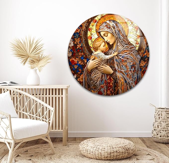 My Photostation.com Round 31,5'' Jesus and Virgin Mary Glass Wall Art Tempered Glass Printing Wall Decor Large Wall Art Wall Hangings