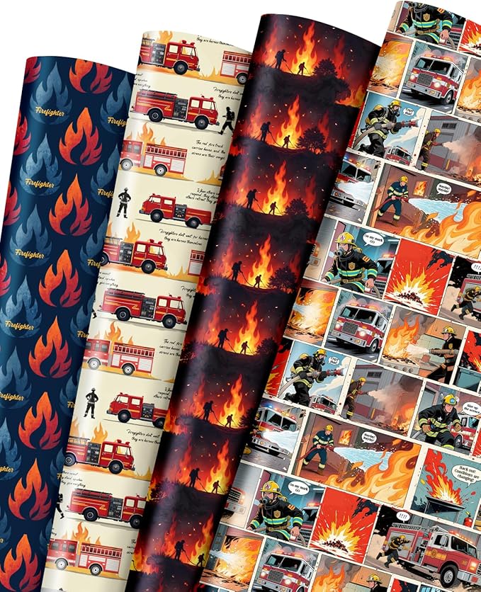 Pineraap 12 Sheets Firefighter Themed Wrapping Paper, Fire Safety Gift Wrap for Firefighter, Folded Flat Art Paper for Birthday Parties, Fireman Theme Favors, Thank You & Appreciation,19.7 x 27.6 Inch