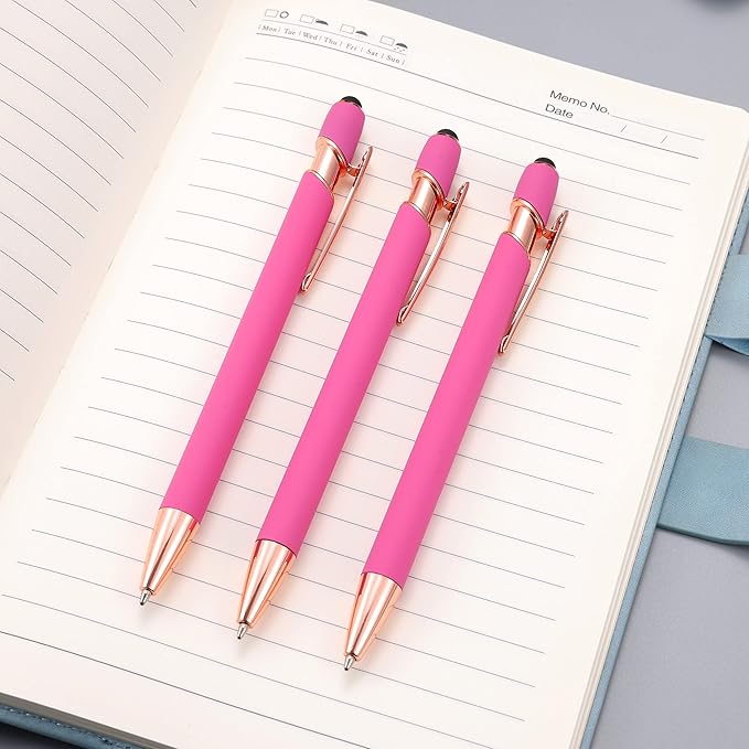 12 PCS 2 in 1 Stylus Ballpoint Pen with Stylus Tip, 1.0 mm Black Ink Metal Pen Stylus Pen for Touch Screens (Rose Gold & Pink)