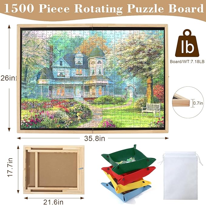 Foldable Puzzle Board, 2-in-1 Tilting & Rotating Wooden Jigsaw Puzzle Table 1500 Pieces with 4 Non-woven Drawers, 36"×26" Portable Puzzle Board with Upgraded Lazy Susan for Adults & Kids, Gift for Mum