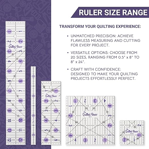 The Quilted Bear Quilting Rulers - Transparent Acrylic Non Slip Quilting, Patchwork & Sewing Ruler with Clear Black Lines & 30, 45 & 60 Degree Angles for Perfect Accuracy & Precision (4" x 14")