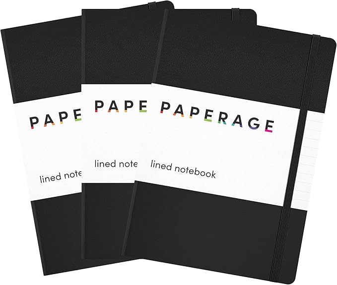 PAPERAGE Lined Journal Notebook, 3 Pack, (Black), 160 Pages, Medium 5.6 in x 8 in - 100 GSM Thick Paper – Hardcover Journaling Notebook for Work, School & Note Taking