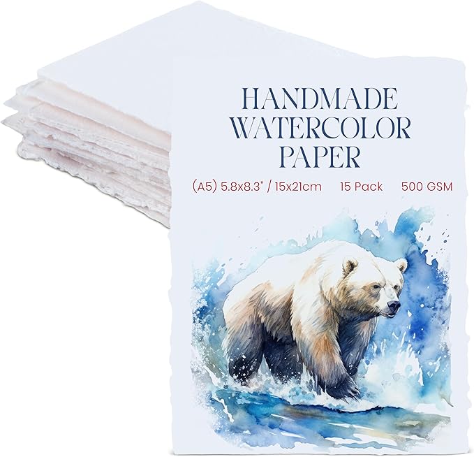 Wanderings Thick Handmade Watercolor Paper with Deckled Edge A5-5.8x8.3-500GSM Premium White Cold -Pressed Textured Mixed Media Paper Made with Recycled Cotton - 15 Loose Leaf Sheets