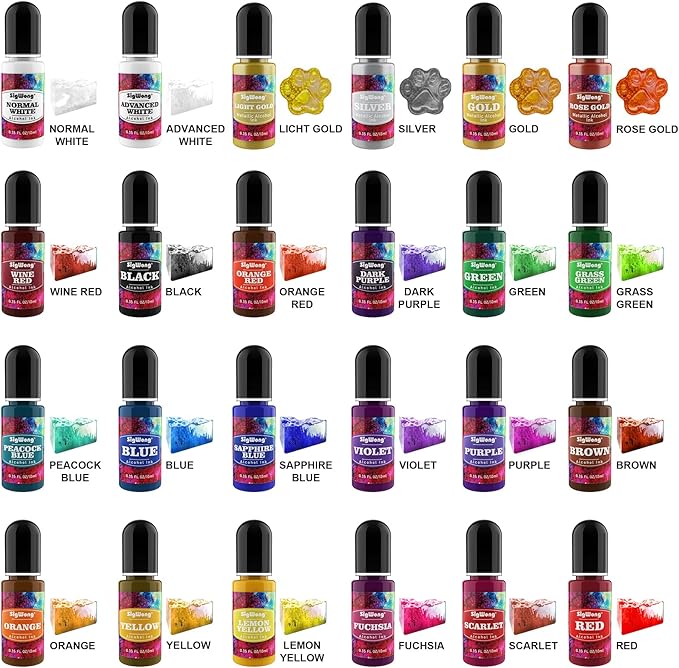 Alcohol Ink Set - 24 Bottles Vibrant Colors High Concentrated Alcohol-Based Ink, Concentrated Epoxy Resin Paint Colour Dye Great for Resin Petri Dish, Coaster, Painting, Tumbler Cup Making(10ml Each)