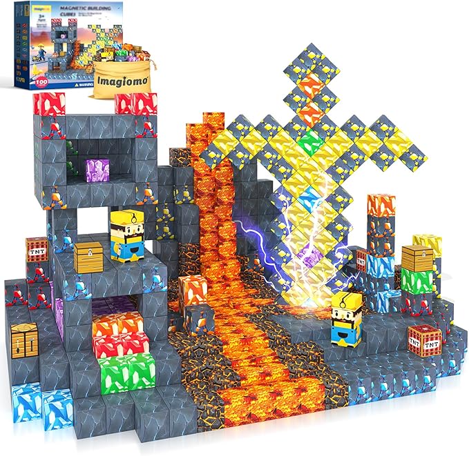 100PCS Magnetic Blocks - Build Mine Magnet World Mine Sword Adventure Set, Building Toys Classroom Must Haves Learning Sensory Toys for 3 4 5 6 7 8 Toddlers Kids Games Birthday Gifts for Boys & Girls