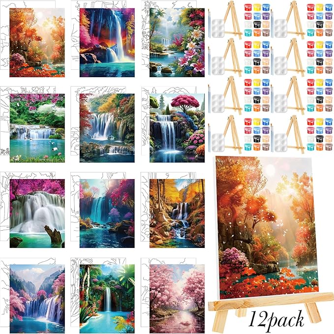 Zhanmai 12 Pack Pre Drawn Canvas for Painting Sip and Paint Kit 8" x 10" Paint Party Set Canvas Painting Pre Printed Canvases for Party Favor DIY Virtual Adult's Date Night(Realistic Landscape)