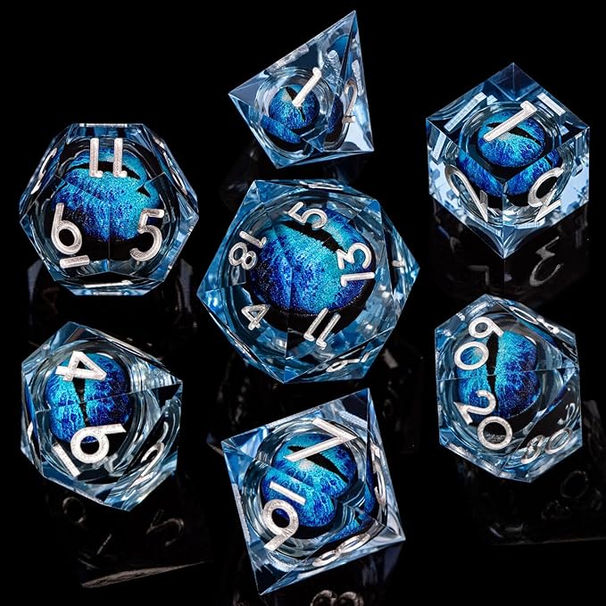 ARUOHHA DND Resin Dice Dragon Eye Dice Liquid Core Blue Sharp Edged Dice Set with Gift Box, Dungeons Polyhedral D and D Dice Set Compatible with D&D Role Playing Game D20 D12 D10 D8 D6 D4
