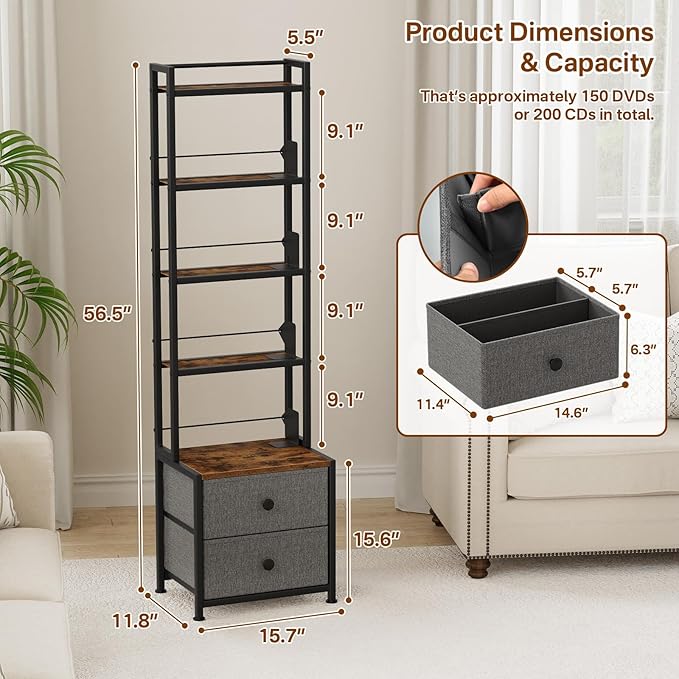 CD Storage Rack with Drawer, 5-Tier DVD Organizer Shelf w/Adjustable Book Stoppers, Media Storage Rack for CD/DVD, Books & Games, Ideal for Living Room & Home Office – 15.7x11.8x56.5Inches
