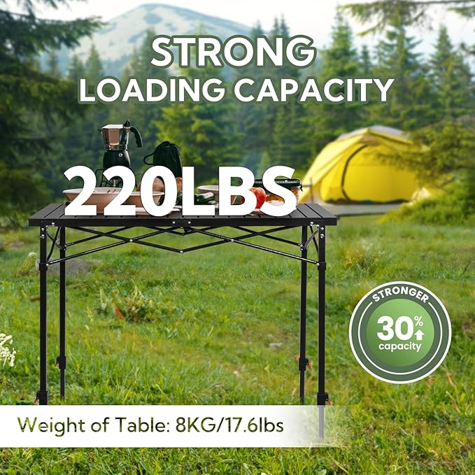 Portable Outdoor Adjustable Height Camping Table, Large for 2-6 Person, Foldable Roll-up Aluminum Camp Table with Carry Bag for Picnic, Camp, Sturdy, Stable, Loads 220 Lbs (Black)
