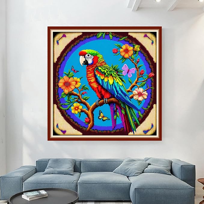Dimensean Stamped Cross Stitch Kits Full Range of Embroidery Patterns Starter Kits for Beginners Adult or Kids DIY Cross Stitches Needlepoint Kits 11CT-Parrot Flower17.7x17.7 inch