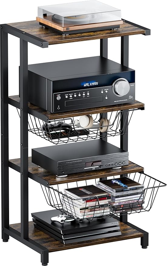 Media Stand with Two Detachable Baskets, 4-Tier AV Media Stand Corner Shelf for DVD Players/Cable Boxes/Games Consoles, Audio Storage Rack for Living Room, Gaming Room, Music Studio, Black