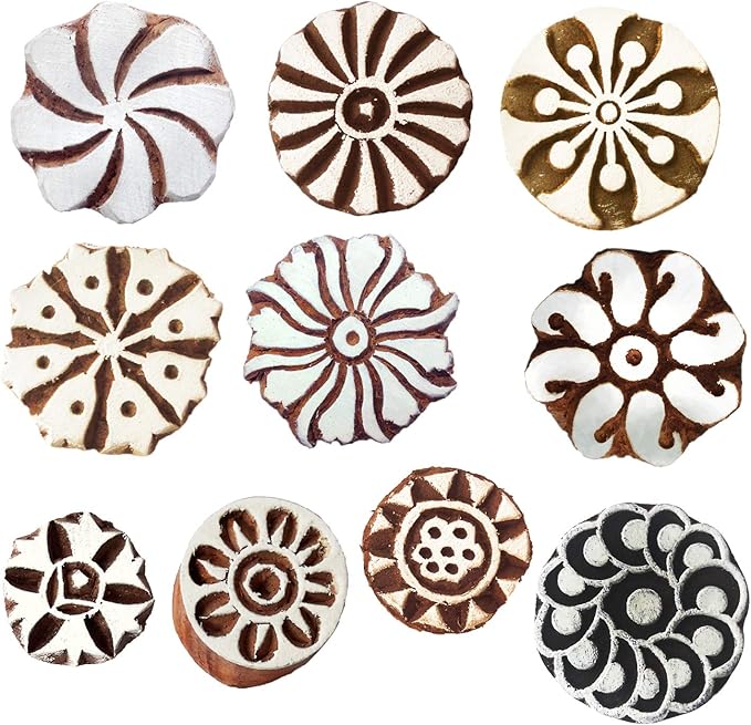 Royal Kraft Round Wooden Printing Stamps (Set of 10) - DIY Henna Fabric Textile Paper Clay Pottery Blocks Htag2165