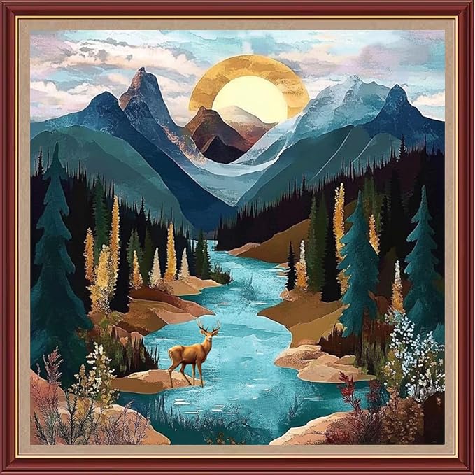 DMCXART Counted Cross Stitch Kits for Adults Needlepoint Kits Unprinted Cross Stitching Embroidery Kit 11CT Cross Stitch Supplies-Landscape of Mountains and Rivers 18x18 inch
