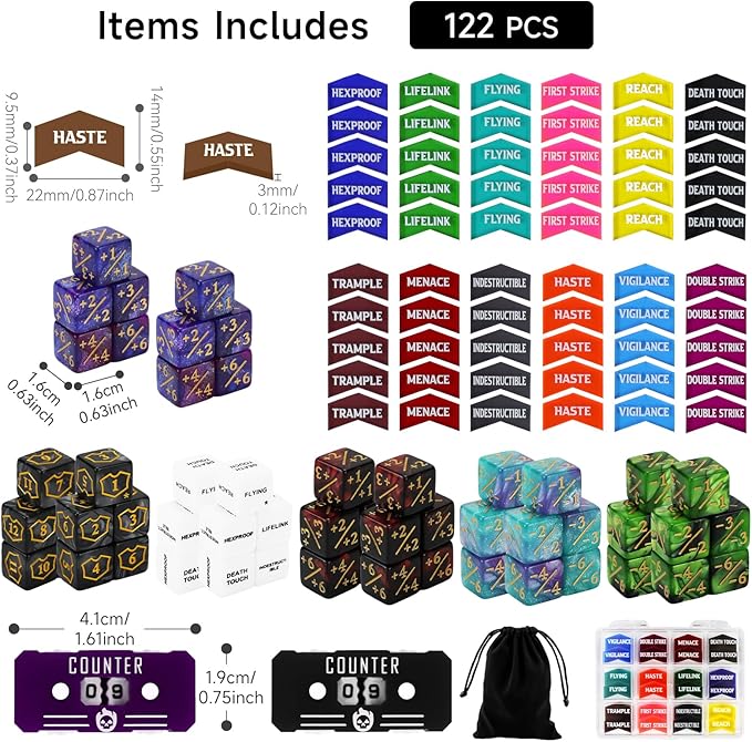SIXPOINTS 122Pcs MTG Dice Counters Keyword Counters Life Counter 1/+1 counters Commander Buff Tokens 6 Sided Dice Set for Magic The Gathering, MTG, TCG, Card Games Accessories (B-122PCS/SET)