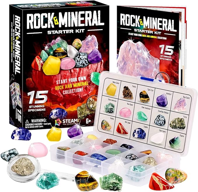 XXTOYS Rocks Collection - 15-Piece Rock Collections for Kids - Cool Geology Gem Kit with Identification Sheet - Gemstones Set Box with Learning Guide and Storage Case - Educational Gift for Kid