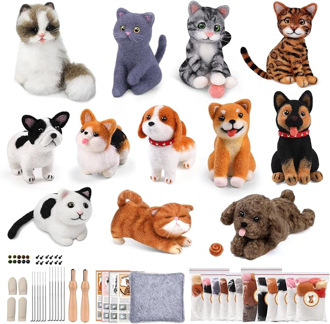 Mayboos 12 Pcs Needle Felting Kit, Animal Needle Felting Beginner Kits Wool Felt Needle Felting Tools with Instruction for DIY Craft Animal Home Decoration
