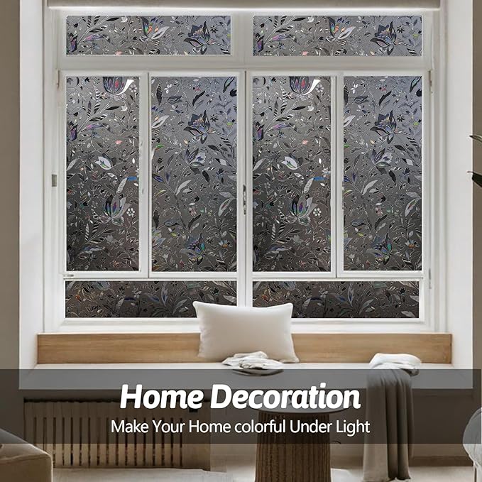 NINETREX Window Privacy Film,Decorative Window Film Frosted,Stained Glass Window Cling,Heat Blocker Non-Adhesive for Home,Grayish Black 23.6 x 78.7inch