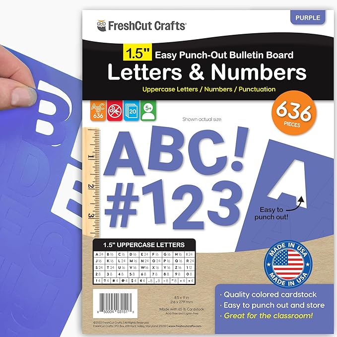 FreshCut Crafts 636 Pcs 1.5 in. Purple Bulletin Board Letters & Numbers, Capital Alphabet Letters, Numbers, Punctuation, US Made Card Stock Punch Out Letters for Posters, Bulletin Boards, Classroom