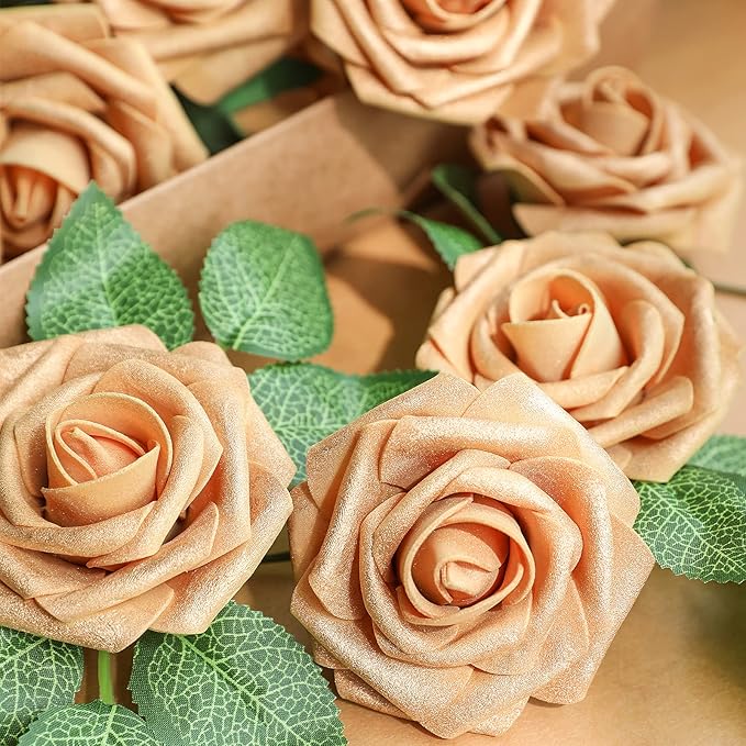 AmyHomie Artificial Flower Gold Rose 25pcs Real Looking Fake Roses w/Stem for DIY Wedding Bouquets Centerpieces Arrangements Party Baby Shower Home Decorations