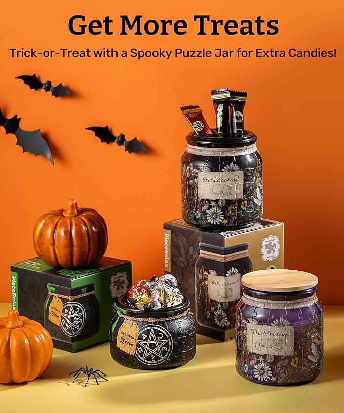 PieceRelax 3D Puzzle Jar 64 Plastic Pieces for Adults - Witches Brew - Wooden Lid Container for Kitchen Dining Study Living Room No Glue Requied Small [BC1022]