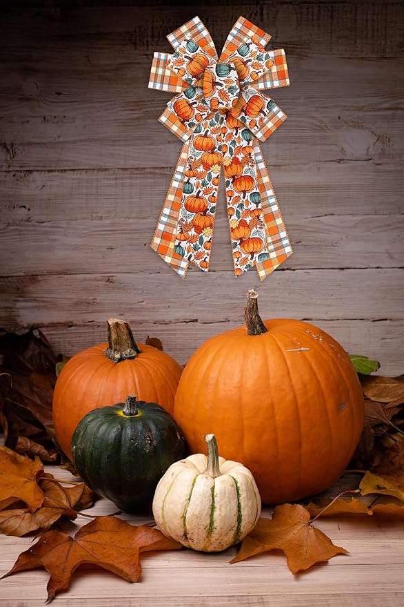 2 Rolls 2.5 Inch x 20 Yards Thanksgiving Fall Wired Ribbon for Crafts Wreath Bows Pumpkin Autumn Leaves Ribbons Orange Plaid Ribbon for Gift Wrapping Thanksgiving Party Home Decoration